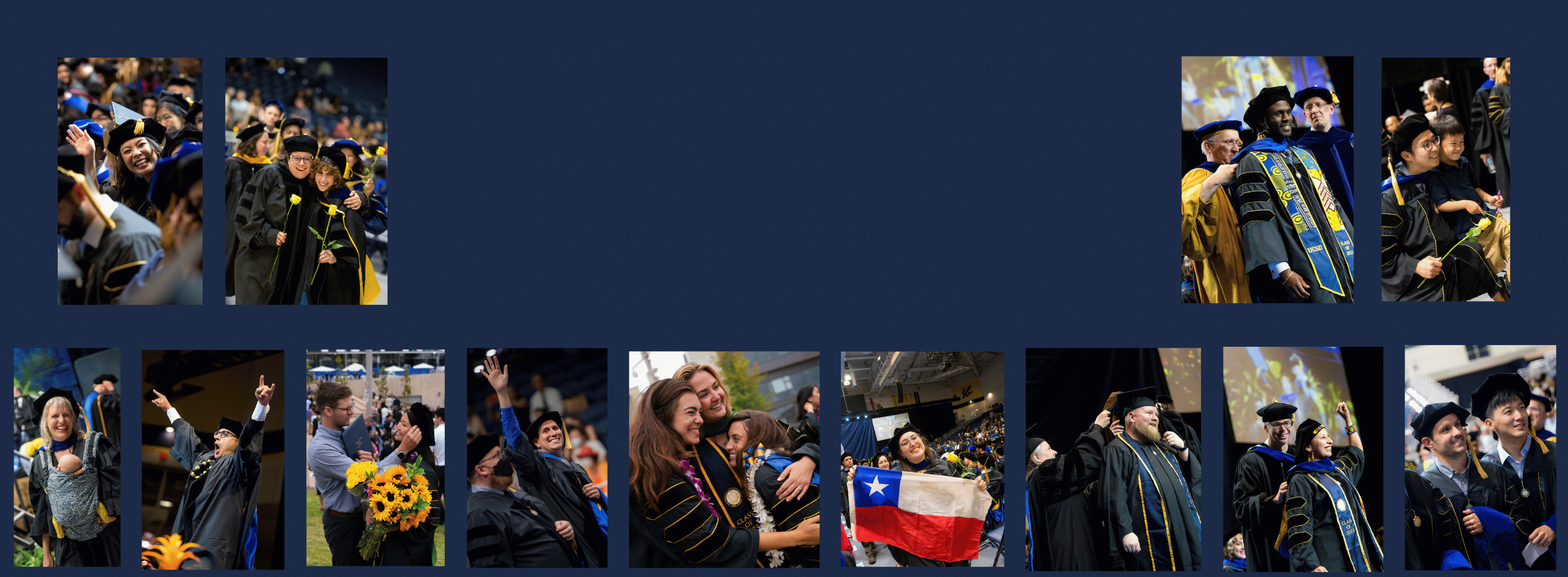 13 candid photos of graduates at past commencement ceremonies. Some are hugging loved ones, including their children or celebrating. 